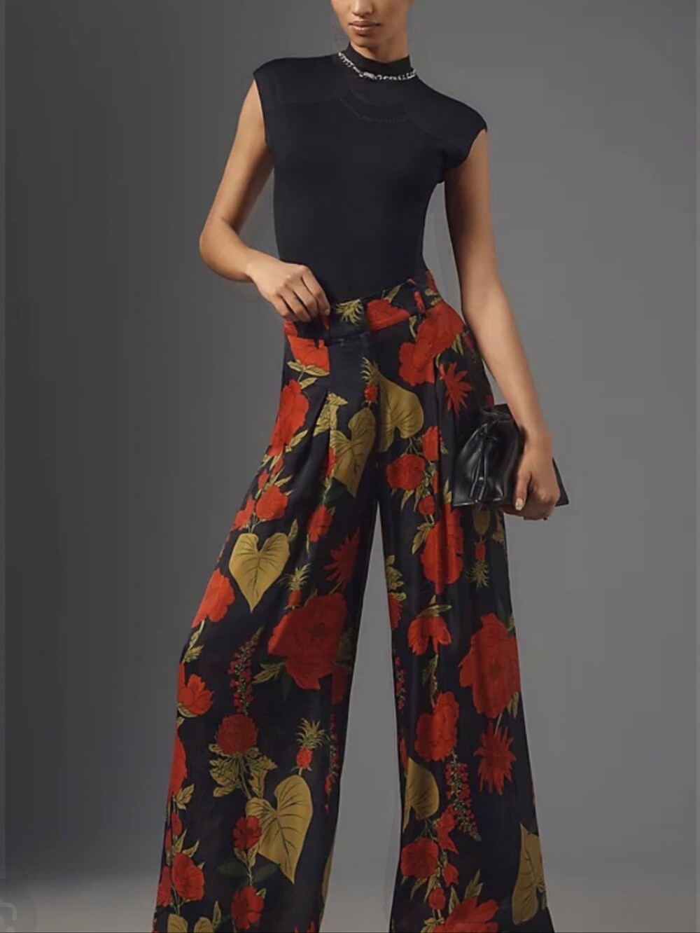 Wide-Leg Tropical Floral Pants - Black